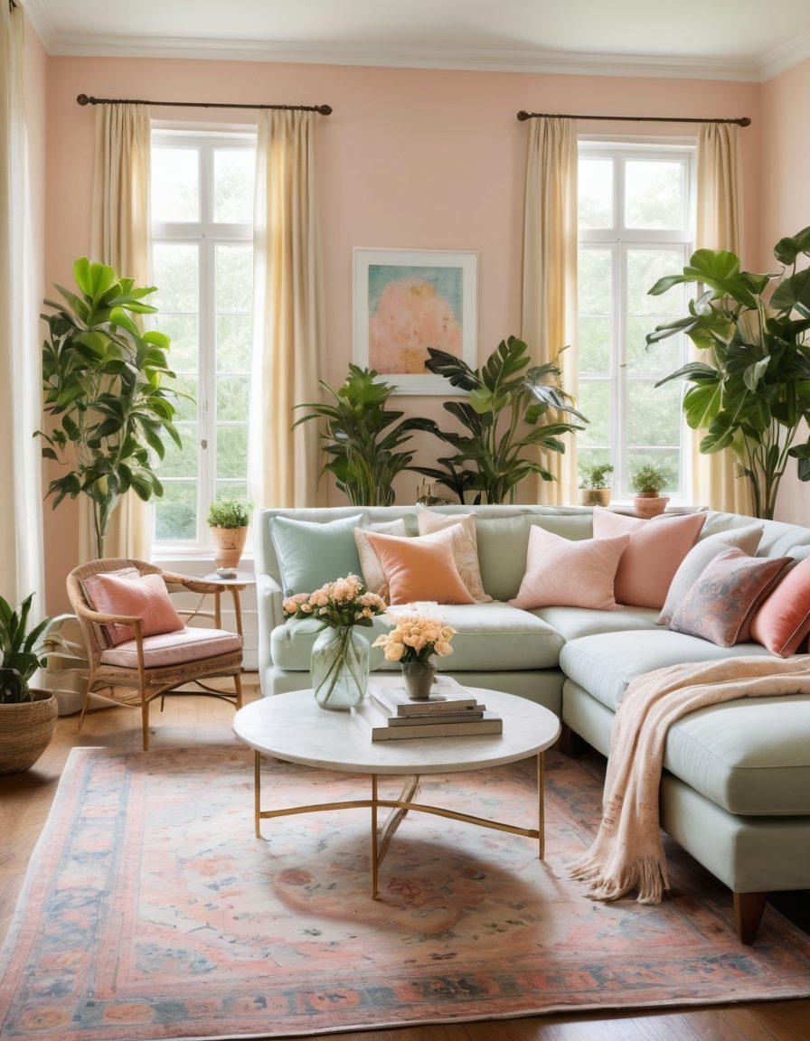 A beautifully-styled living room featuring a blend of elegant furniture and charming decor, soft pastel colors, lush indoor plants, and sparkling natural light streaming through large windows. Decorative elements like a vintage rug, exquisite art pieces, and chic throw pillows enhance the aesthetic. Add cozy textures and inviting details for warmth. super-realistic. vibrant colors. airy atmosphere.