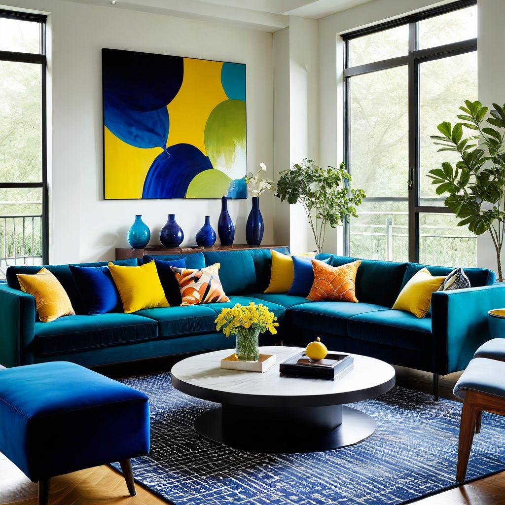A vibrant interior design scene showcasing a sleek, modern living room that integrates various stylish trends, featuring bold color contrasts, artistic furniture pieces, and unique decor accents that inspire creativity. The setting should look inviting, with natural light filtering through large windows, plants adding a touch of greenery, and an abstract artwork on the wall. Capture a sense of transformation and visual appeal. super-realistic. vibrant colors.
